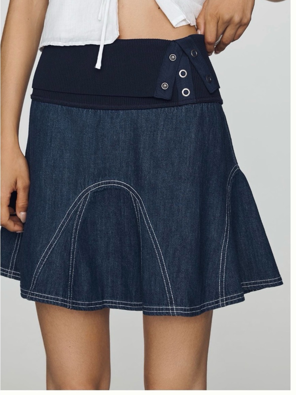 Anthropologie PILCRO foldover Navy Denim mini Skirt with Ribbed Snap Waist